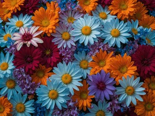 Vibrant and colorful arrangement of various types of daisies, including orange, blue, purple, and red flowers. Flowers fill frame, creating lush and visually striking composition