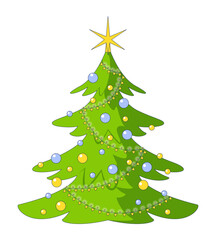 Star Christmas tree with string lights 2D cartoon object. Xmas spruce decorated with festive ornaments. Christmastree isolated element flat vector clipart on white background. Spot illustration