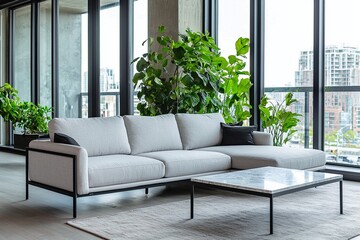 A modern mid-century modern interior photo of an apartment living room with large windows and a green pot and sofa and table. Generative AI
