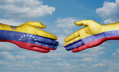 Colombia and Venezuela country handshaking with flags, consensus concept international co-operation illustration