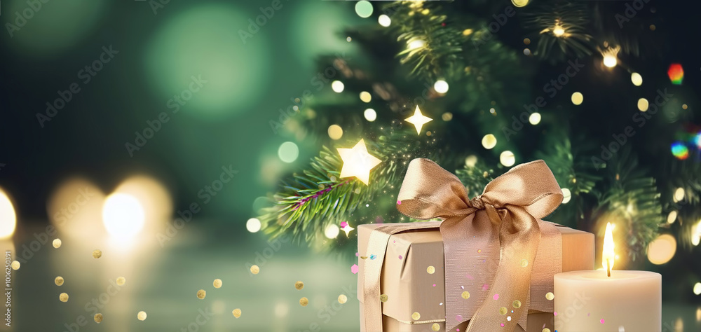 Poster beautiful colorful christmas banner with sparkling evening lights on the tree and a gift. background