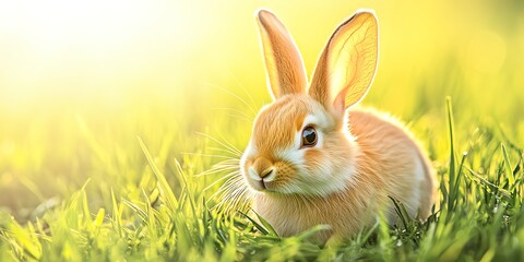 Worms-eye view of a curious rabbit exploring a dewy meadow
