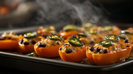 Mini bell peppers are halved and filled with melted cheese, black beans, and sliced jalapeños, arranged on a baking tray with steam rising, showcasing their freshness and taste