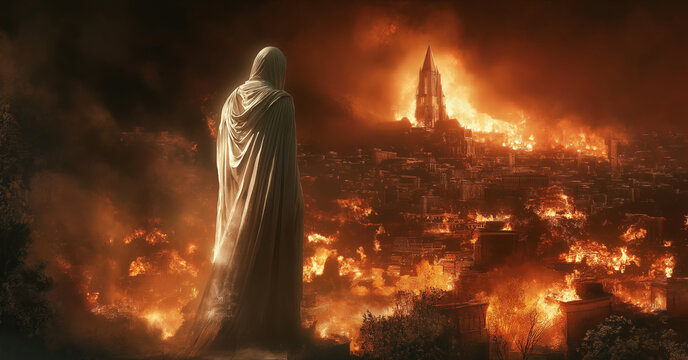 Lot's wife in a cloak in the desrt and a Sodom in fire behind it at night