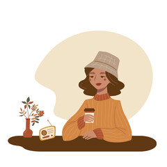 Cute cartoon stylish woman drinking coffee and enjoying by music of radio. Cozy autumn illustration in a flat style. 