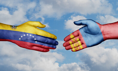 Mongolia and Venezuela country handshaking with flags, consensus concept international co-operation illustration