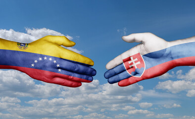 Slovak Republic or Slovakia and Venezuela country handshaking with flags, consensus concept international co-operation illustration