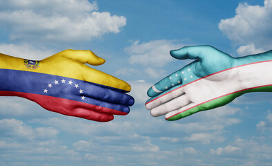 Republic of Uzbekistan and Venezuela country handshaking with flags, consensus concept international co-operation illustration