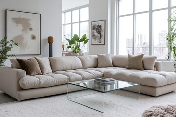 Fototapeta premium A mid-century modern interior photo of a living room with large windows and a sofa and table. Generative AI 