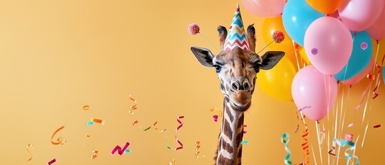 A giraffe wearing a party hat and surrounded by colorful balloons , with ample copy space for text. © GodNemesis Art Fanta
