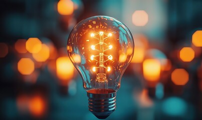 A light bulb glowing with an orange glow and various shapes of the electric circuit inside it