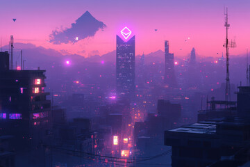 Obraz premium Cyberpunk Cityscape at Dusk