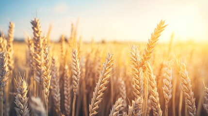 Fototapeta premium A detailed close-up panoramic view of golden wheat fields gently swaying in the breeze under a clear azure sky during a vibrant sunset. Warm sunlight casts a golden glow over the landscape.