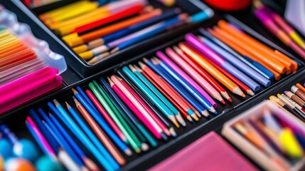 Naklejka premium A close-up picture shows a desk arranged with a variety of colorful stationary items.