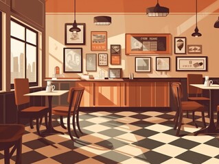 Cozy caf? interior with vintage decor and checkered floor.