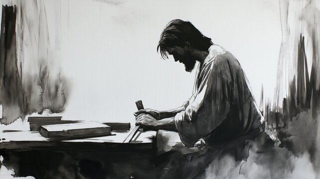 ink wash painting of Jesus working as a carpenter woodworking with hammer and chisel