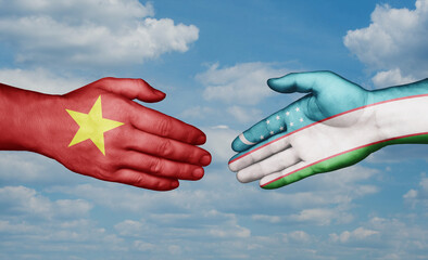 Republic of Uzbekistan and Vietnam country handshaking with flags, consensus concept international co-operation illustration