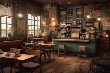 Fototapeta premium Cozy caf? interior with warm lighting and inviting atmosphere.