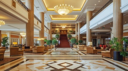 a lavish and roomy hotel lobby filled with tasteful furniture and a large chandelier
