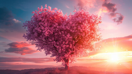 Pink sakura tree in the shape of a heart against a sunset background. Tree of love in spring. Beautiful landscape.