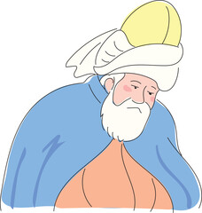 Afghanistan 1207-1273 Rumi - Mawlana poet, Islamic scholar, theologian and Sufi mystic hand drawing vector illustration.
