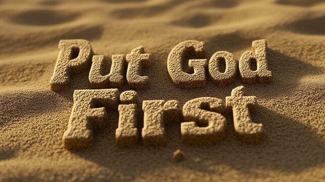 The letters are made of sand. "Put God First" just like the image