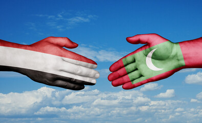 Maldives and Yemen country handshaking with flags, consensus concept international co-operation illustration