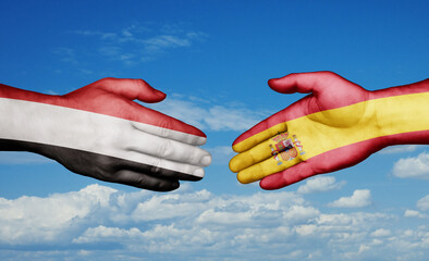 Spain and Yemen country handshaking with flags, consensus concept international co-operation illustration
