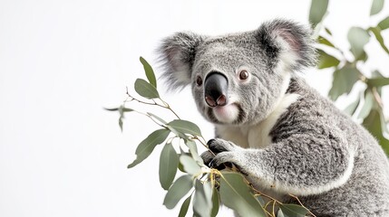 Fototapeta premium Cute koala bear eating eucalyptus leaves on white background