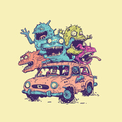 Monster car Hand Drawn Doodle Vector Design