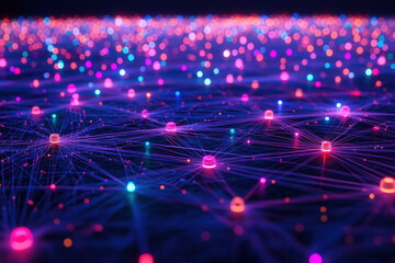 Network Nodes Connected in Glowing Night 