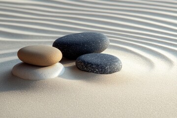 A peaceful zen garden with smooth stones and minimalist raked sand patterns