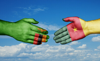 Cameroon and Zambia country handshaking with flags, consensus concept international co-operation illustration