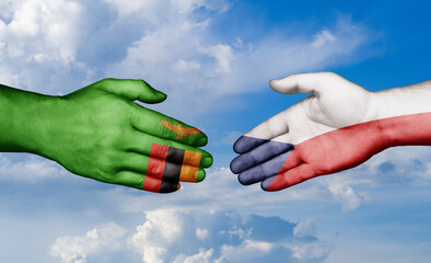 Czech Republic and Zambia country handshaking with flags, consensus concept international co-operation illustration