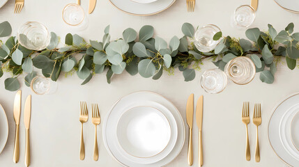 Modern wedding table setting with white plates, gold cutlery, and eucalyptus garland on a beige linen cloth. Top view. 