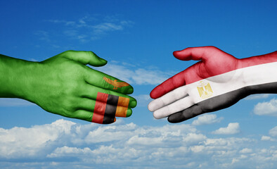 Egypt and Zambia country handshaking with flags, consensus concept international co-operation illustration