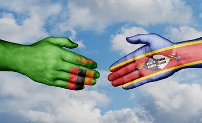 Eswatini formerly Swaziland and Zambia country handshaking with flags, consensus concept international co-operation illustration