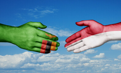 Indonesia and Zambia country handshaking with flags, consensus concept international co-operation illustration