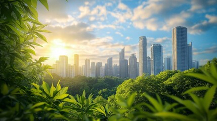 The contrast between the modern cityscape in the distance and the lush green foliage in the foreground suggests harmony between the two environments.