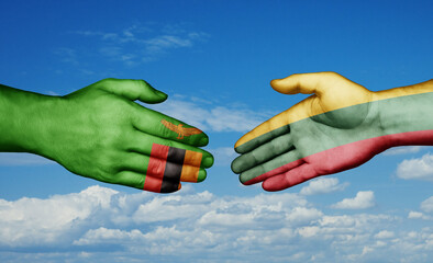 Lithuania and Zambia country handshaking with flags, consensus concept international co-operation illustration