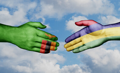 Mauritius and Zambia country handshaking with flags, consensus concept international co-operation illustration