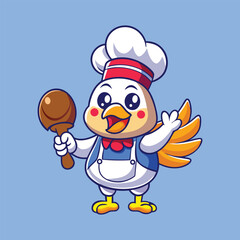 Cute Chicken Chef Holding Fried Chicken Cartoon Icon Illustration.