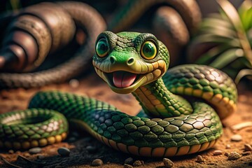 Happy New Year 2025. The symbol of the year is a green snake on the background of a Christmas tree. A festive poster or banner for a party and New Year's Eve.