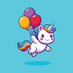 Naklejka premium Cute Unicorn Floating With Balloon Cartoon Vector Icon Illustration.