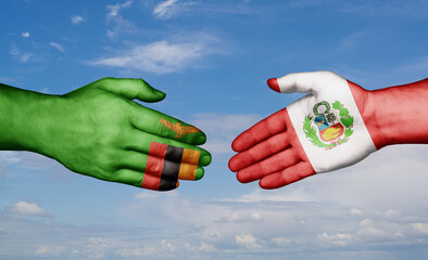 Peru and Zambia country handshaking with flags, consensus concept international co-operation illustration