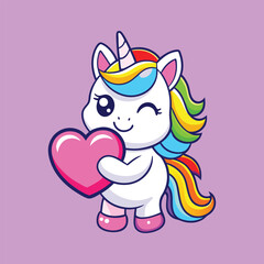 Cute Unicorn Hug Love Heart Cartoon Vector Icon Illustration.
