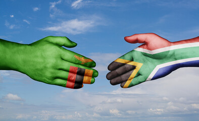 South Africa and Zambia country handshaking with flags, consensus concept international co-operation illustration