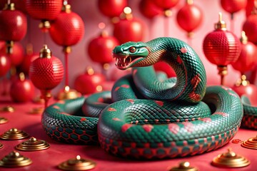 Fototapeta premium Happy New Year 2025. The symbol of the year is a green snake on the background of Chinese red lanterns. A festive poster or banner for a party and New Year's Eve.