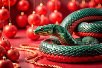 Fototapeta premium Happy New Year 2025. The symbol of the year is a green snake on the background of Chinese red lanterns. A festive poster or banner for a party and New Year's Eve.