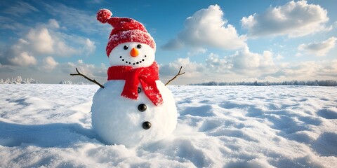 Obraz premium Cheerful snowman in a winter landscape under a blue sky with fluffy clouds, surrounded by a snow-covered field, reflecting the holiday spirit in vibrant colors and seasonal joy.